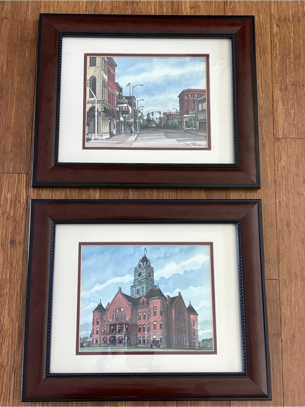 Set of 2 Framed Carol Johnson ‘86 Clinton IA Courthouse & downtown print images